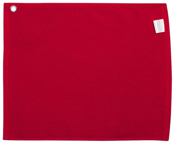 Am image of a Custom Velour Hemmed Towel with Grommet & Hook in Red!