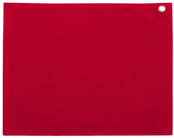 Am image of a Custom Velour Hemmed Towel with Grommet & Hook in Red!