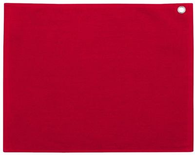 Am image of a Custom Velour Hemmed Towel with Grommet & Hook in Red!