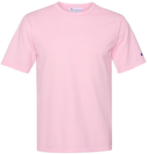 Am image of a Custom Champion Adult Garment Dyed Short Sleeve Tee in Pink Candy!