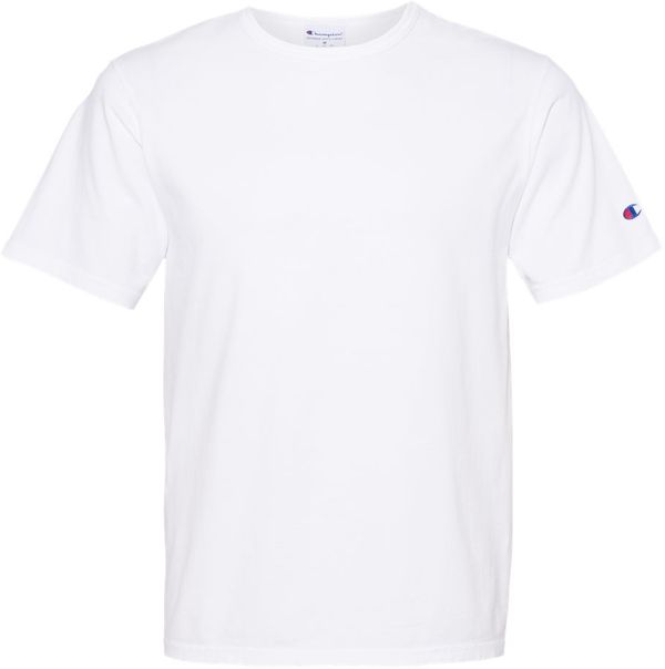 Am image of a Custom Champion Adult Garment Dyed Short Sleeve Tee in White!