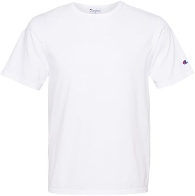 Am image of a Custom Champion Adult Garment Dyed Short Sleeve Tee in White!