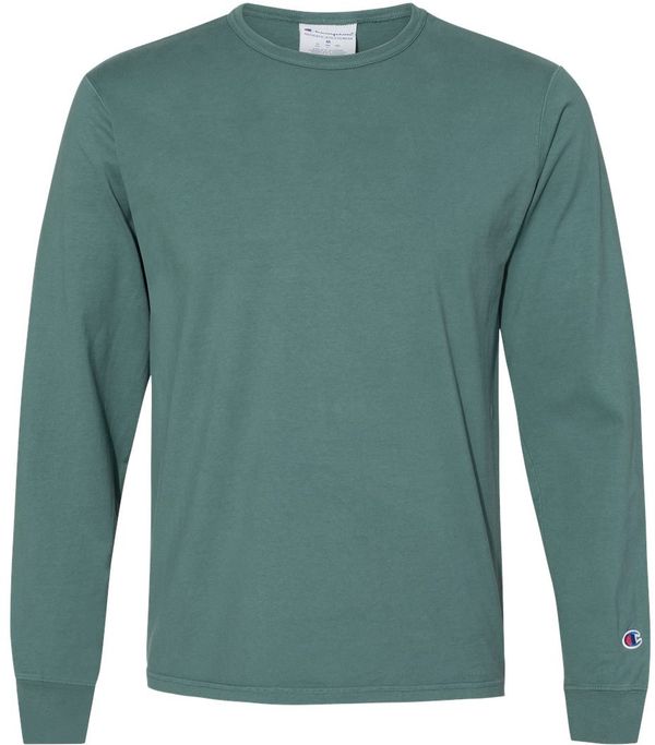 Am image of a Custom Champion Adult Garment Dyed Long Sleeve Tee in Cactus!
