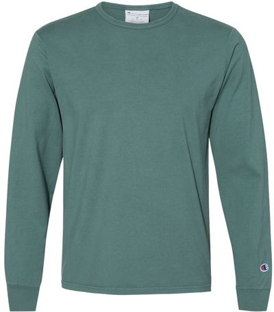 Am image of a Custom Champion Adult Garment Dyed Long Sleeve Tee in Cactus!