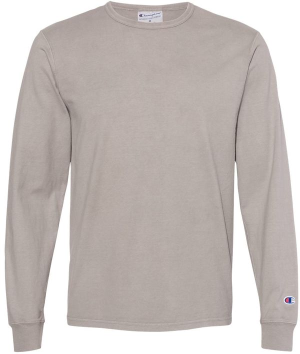 Am image of a Custom Champion Adult Garment Dyed Long Sleeve Tee in Concrete!