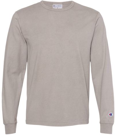 Am image of a Custom Champion Adult Garment Dyed Long Sleeve Tee in Concrete!