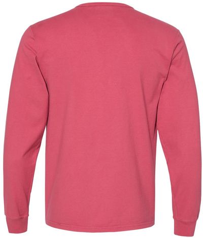 Am image of a Custom Champion Adult Garment Dyed Long Sleeve Tee in Crimson!