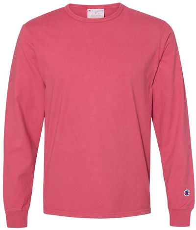 Am image of a Custom Champion Adult Garment Dyed Long Sleeve Tee in Crimson!