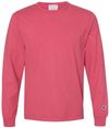 Am image of a Custom Champion Adult Garment Dyed Long Sleeve Tee in Crimson!