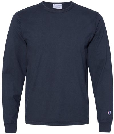 Am image of a Custom Champion Adult Garment Dyed Long Sleeve Tee in Navy!
