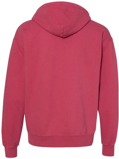 Am image of a Custom Champion Adult Garment Dyed Fleece Hoodie in Crimson!