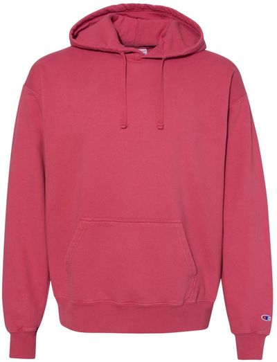 Am image of a Custom Champion Adult Garment Dyed Fleece Hoodie in Crimson!
