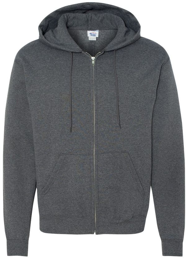 Am image of a Custom Champion Adult Powerblend® FullZip Hooded Sweatshirt in Charcoal Heather!