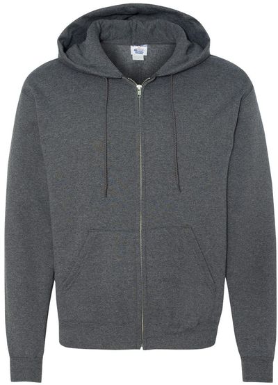 Am image of a Custom Champion Adult Powerblend® FullZip Hooded Sweatshirt in Charcoal Heather!