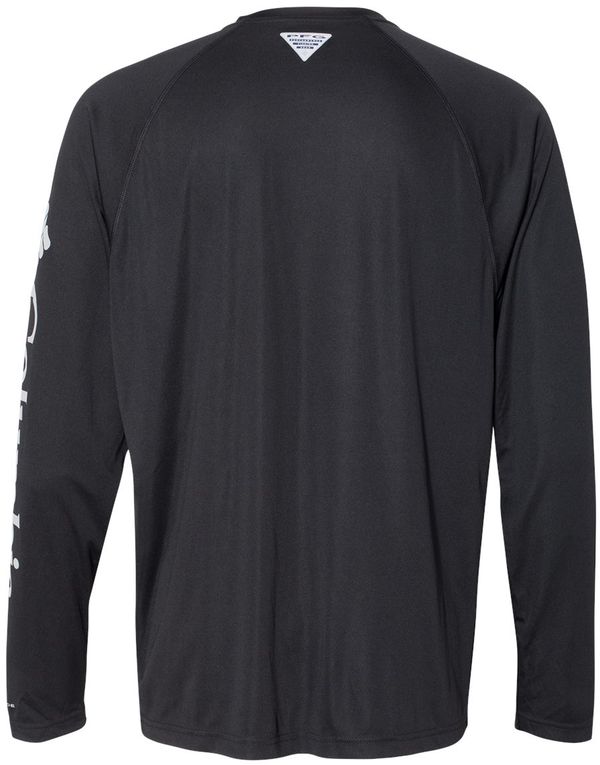 Am image of a Custom Columbia PFG Terminal Tackle Long Sleeve T Shirt in Black/ Cool grey!