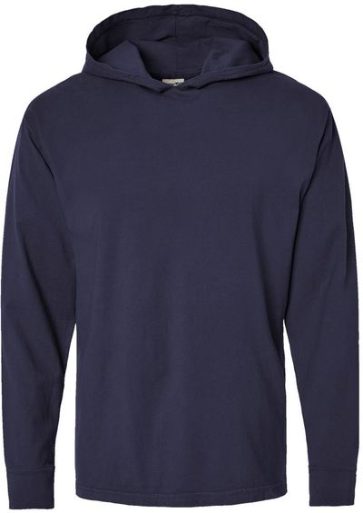 Am image of a Custom Hanes ComfortWash Garment Dyed Jersey Hooded Long Sleeve TShirt in Anchor Slate!