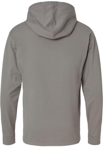 Am image of a Custom Hanes ComfortWash Garment Dyed Jersey Hooded Long Sleeve TShirt in Concrete Gray!
