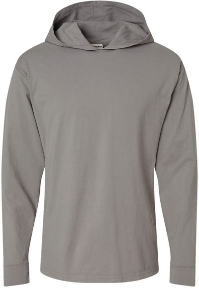 Am image of a Custom Hanes ComfortWash Garment Dyed Jersey Hooded Long Sleeve TShirt in Concrete Gray!
