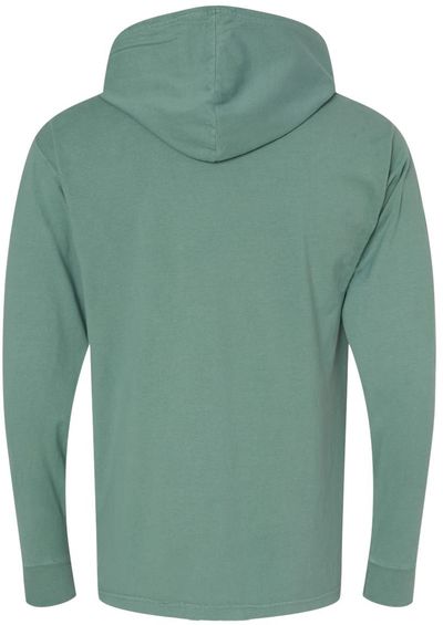 Am image of a Custom Hanes ComfortWash Garment Dyed Jersey Hooded Long Sleeve TShirt in Cypress Green!