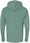 Am image of a Custom Hanes ComfortWash Garment Dyed Jersey Hooded Long Sleeve TShirt in Cypress Green!
