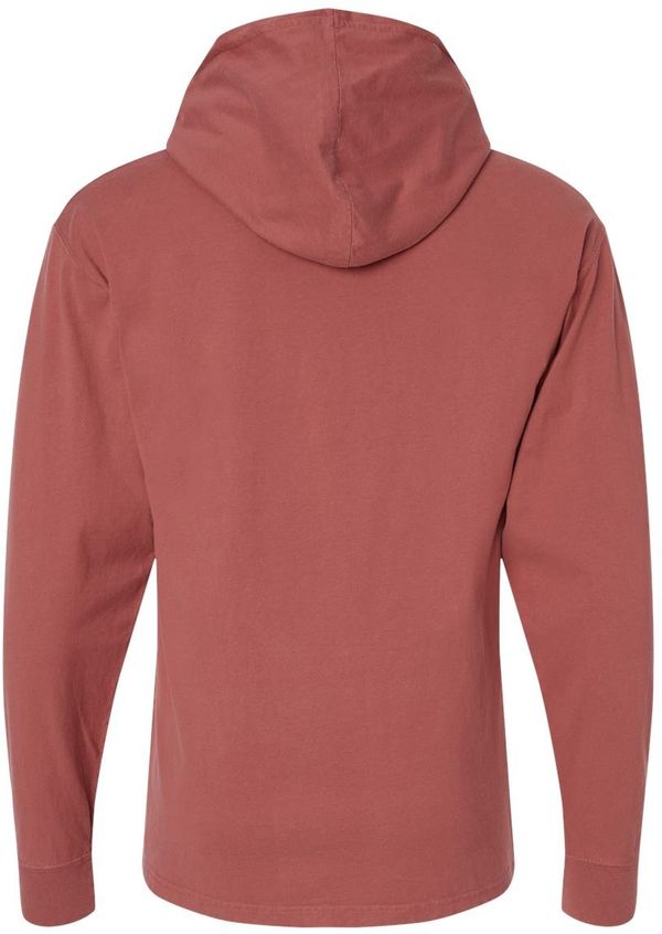 Am image of a Custom Hanes ComfortWash Garment Dyed Jersey Hooded Long Sleeve TShirt in Nantucket Red!