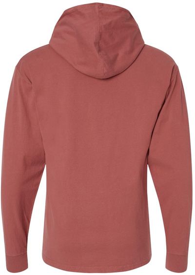 Am image of a Custom Hanes ComfortWash Garment Dyed Jersey Hooded Long Sleeve TShirt in Nantucket Red!