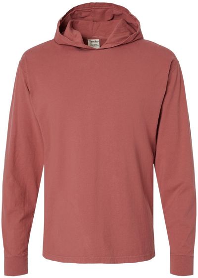 Am image of a Custom Hanes ComfortWash Garment Dyed Jersey Hooded Long Sleeve TShirt in Nantucket Red!