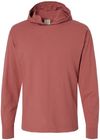 Am image of a Custom Hanes ComfortWash Garment Dyed Jersey Hooded Long Sleeve TShirt in Nantucket Red!