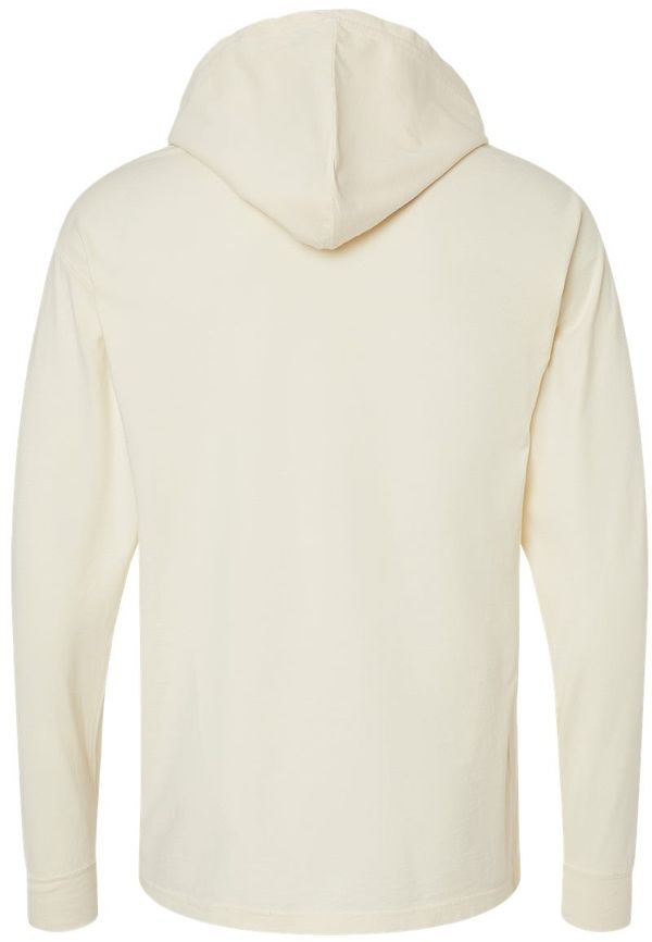 Am image of a Custom Hanes ComfortWash Garment Dyed Jersey Hooded Long Sleeve TShirt in Parchment!