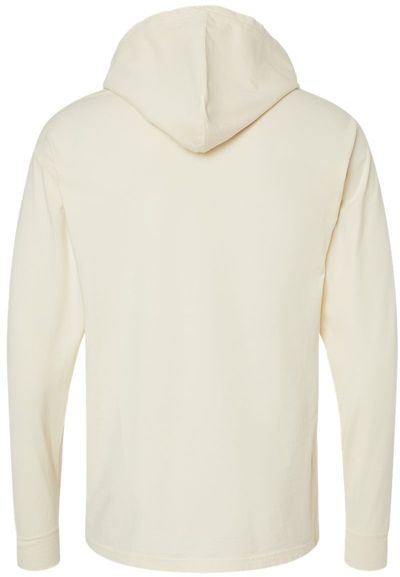 Am image of a Custom Hanes ComfortWash Garment Dyed Jersey Hooded Long Sleeve TShirt in Parchment!