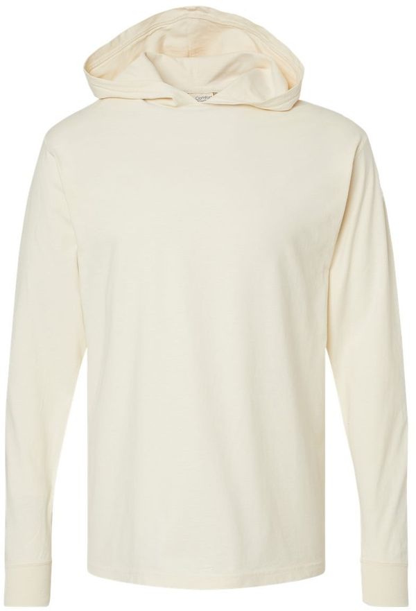 Am image of a Custom Hanes ComfortWash Garment Dyed Jersey Hooded Long Sleeve TShirt in Parchment!