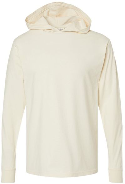 Am image of a Custom Hanes ComfortWash Garment Dyed Jersey Hooded Long Sleeve TShirt in Parchment!