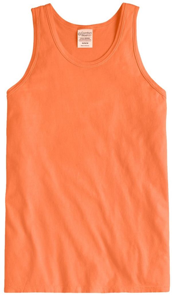 Am image of a Custom Hanes ComfortWash Garment Dyed Unisex Tank Top in Horizon Orange!