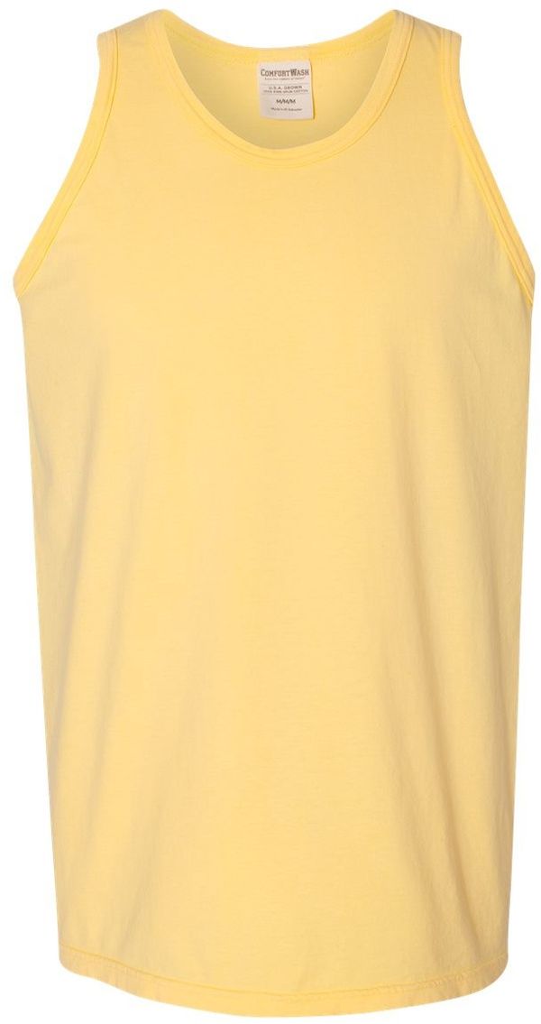 Am image of a Custom Hanes ComfortWash Garment Dyed Unisex Tank Top in Summer Squash Yellow!
