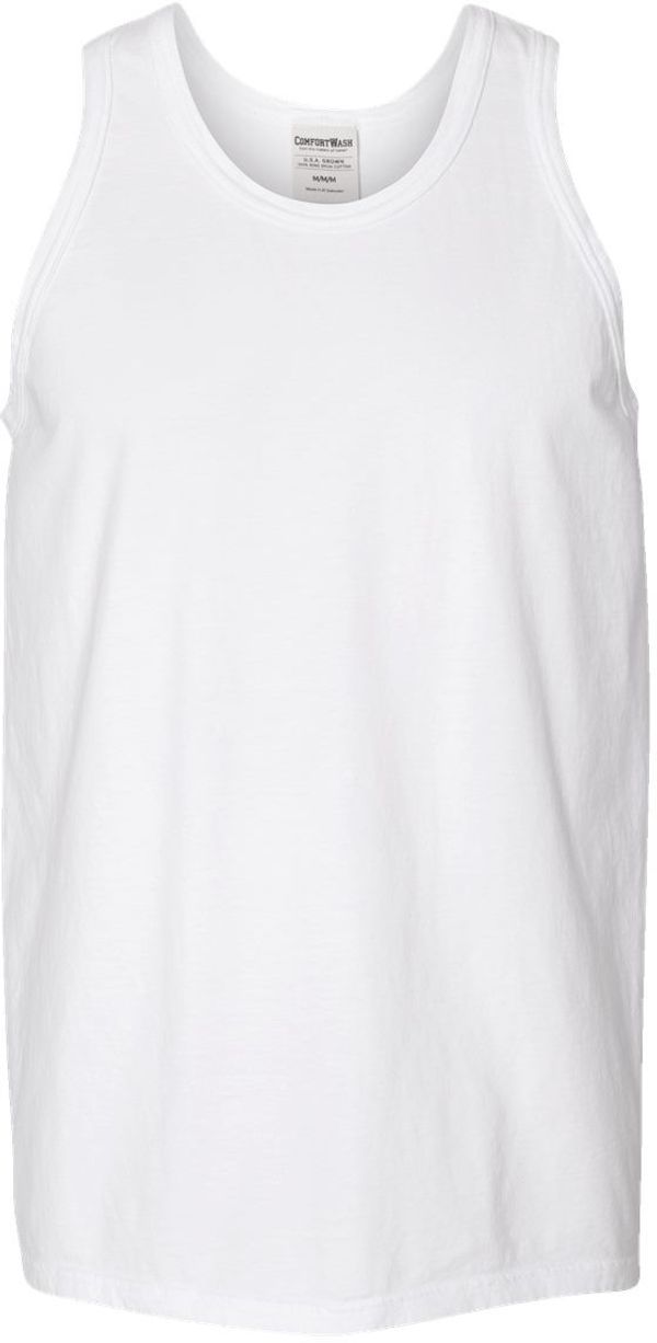 Am image of a Custom Hanes ComfortWash Garment Dyed Unisex Tank Top in White!