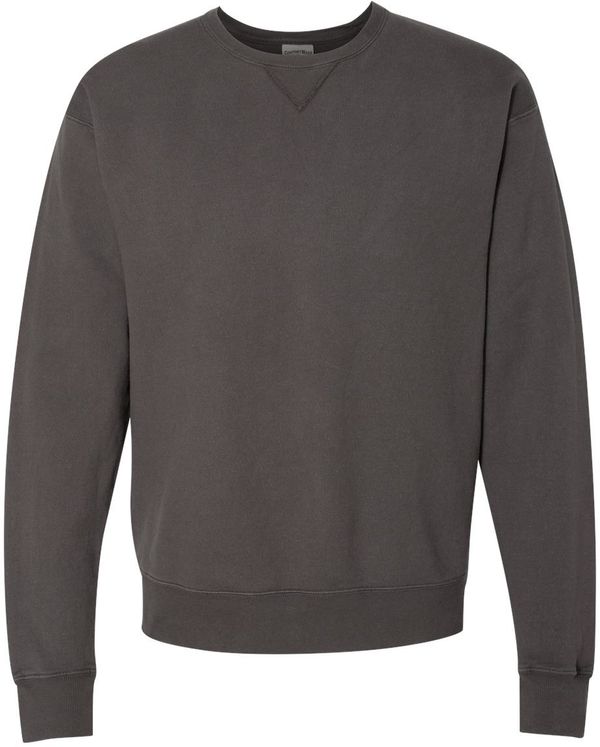 Am image of a Custom Hanes ComfortWash Garment Dyed Unisex Crewneck Sweatshirt in New Railroad Grey!