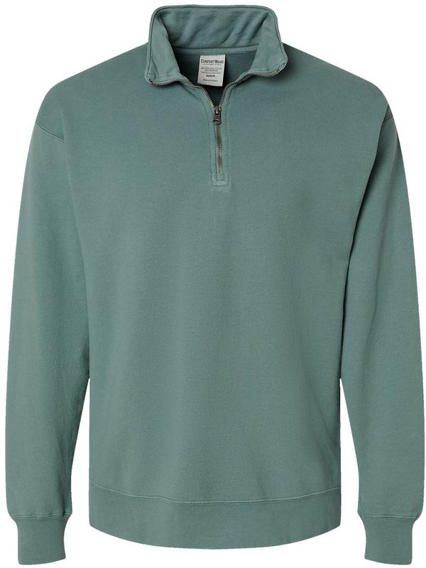 Am image of a Custom Hanes ComfortWash Garment Dyed Quarter Zip Sweatshirt in Cypress Green!
