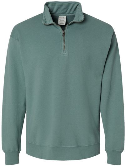 Am image of a Custom Hanes ComfortWash Garment Dyed Quarter Zip Sweatshirt in Cypress Green!