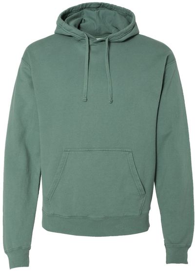 Am image of a Custom Hanes ComfortWash Garment Dyed Unisex Hooded Sweatshirt in Cypress Green!