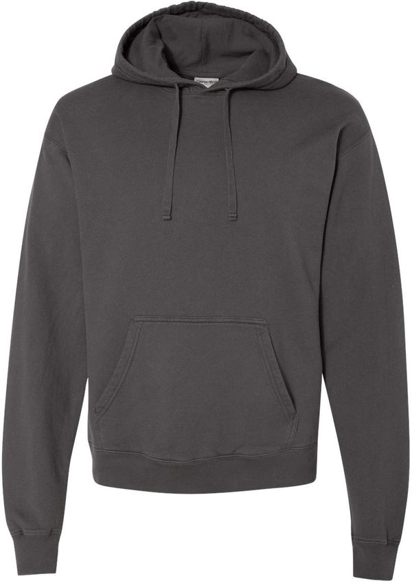 Am image of a Custom Hanes ComfortWash Garment Dyed Unisex Hooded Sweatshirt in New Railroad Grey!