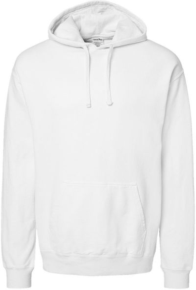 Am image of a Custom Hanes ComfortWash Garment Dyed Unisex Hooded Sweatshirt in White!