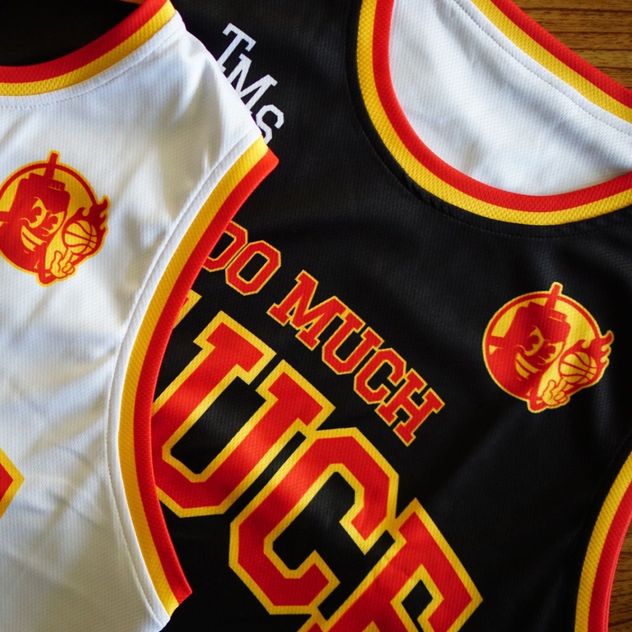 An image of sublimation-printed basketball jerseys