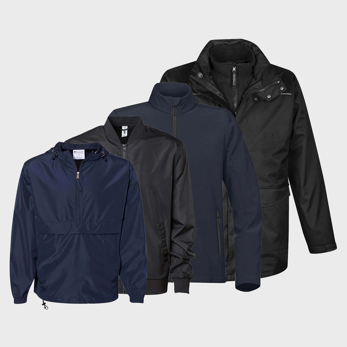 An image of a variety of custom jackets that you can print your design on!