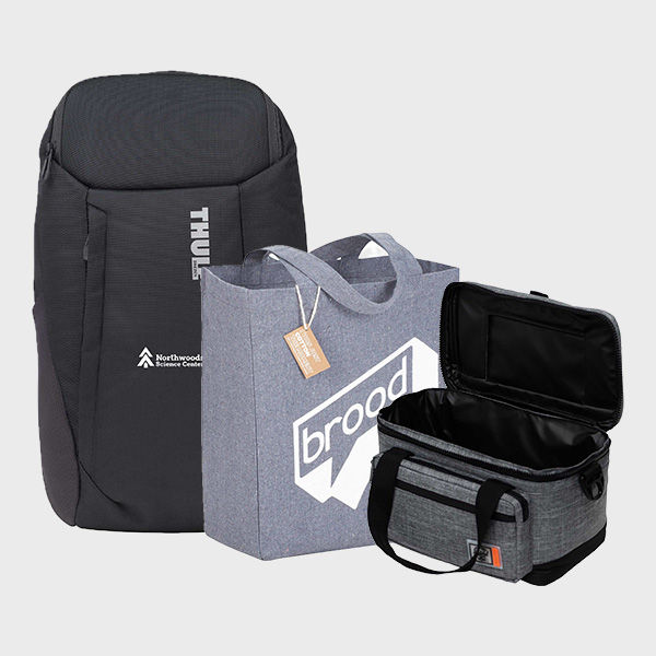 An image of a a backpack, tote bag and lunch cooler that you can print your design on!