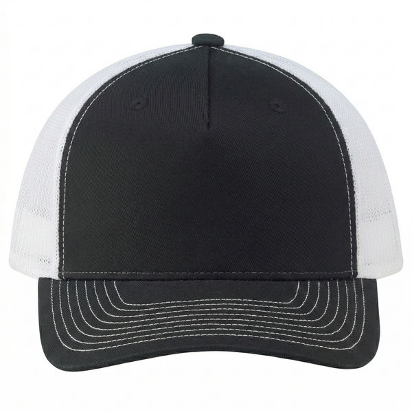 An image of a Custom Deluxe Chino Twill Nylon Mesh 5 Panel Constructed Pro Round Five Mesh Back in Black/Black/White!