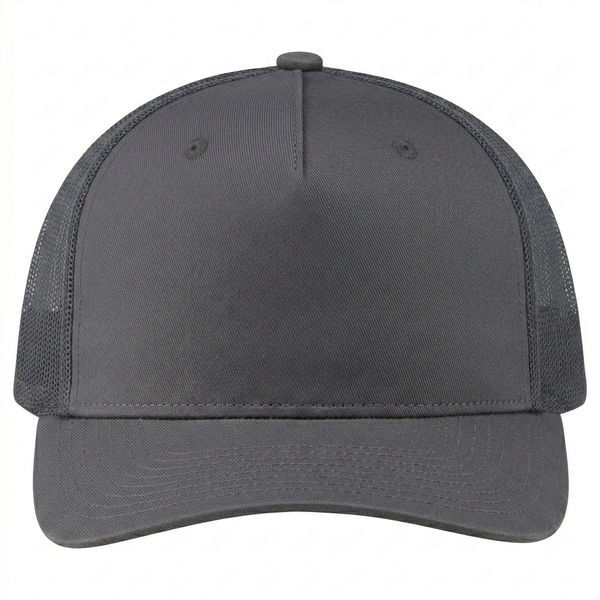 An image of a Custom Deluxe Chino Twill Nylon Mesh 5 Panel Constructed Pro Round Five Mesh Back in Charcoal!