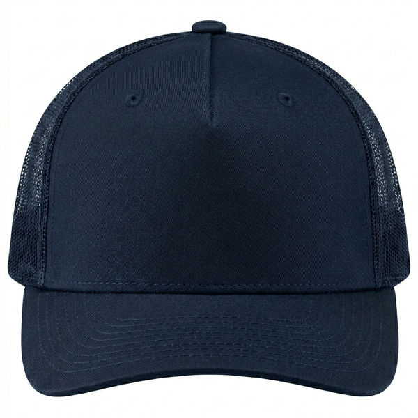 An image of a Custom Deluxe Chino Twill Nylon Mesh 5 Panel Constructed Pro Round Five Mesh Back in Navy!