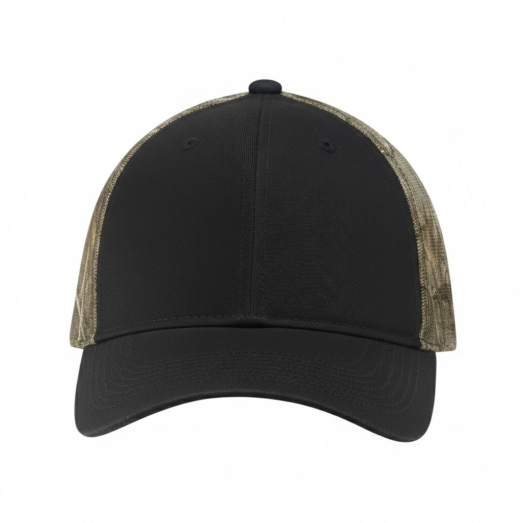 Deluxe Chino Twill Polyester Mesh 6 Panel Constructed Full Fit Mesh Back in Black/Realtree Xtra