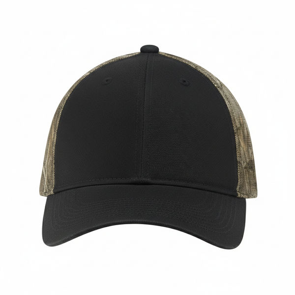 An image of a Custom Deluxe Chino Twill Polyester Mesh 6 Panel Constructed Full Fit Mesh Back in Black/Realtree Xtra!