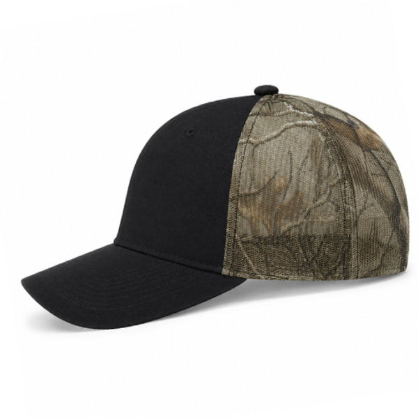 An image of a Custom Deluxe Chino Twill Polyester Mesh 6 Panel Constructed Full Fit Mesh Back in Black/Realtree Xtra!
